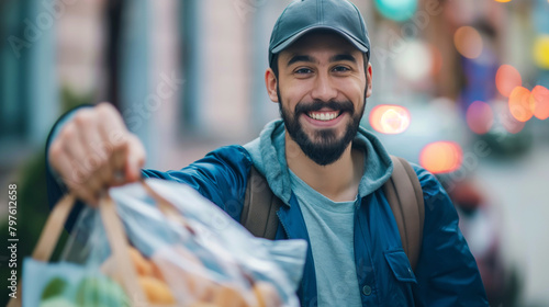 A close-up of a food delivery man's satisfied smile as he hands over a bag of food orders to a delighted customer, the exchange symbolizing the seamless delivery experience and cul photo