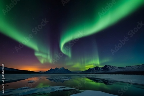 Amazing Aurora borealis. Sky with polar lights. Landscape with aurora, sea, stream, rocks in snow