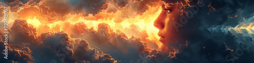 In a fiery inferno, amidst billowing smoke and vibrant clouds, a mysterious lady's face emerges. photo
