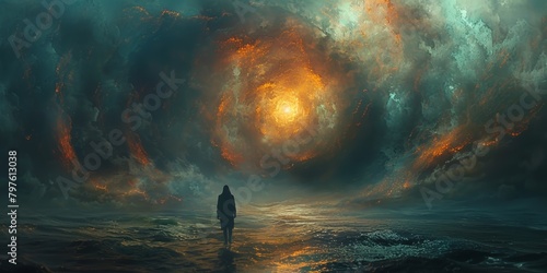 In the midst of a cosmic storm, a lone figure stands before a surreal gateway.