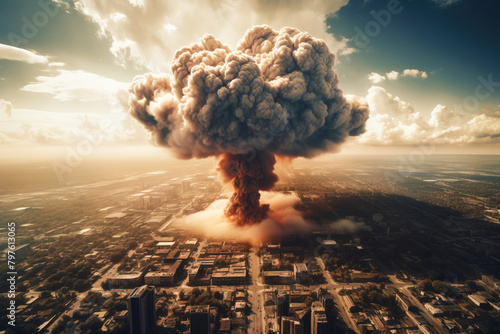 Atomic explosion of a nuclear bomb in the city, view from above. Mushroom fire cloud. AI generated. photo