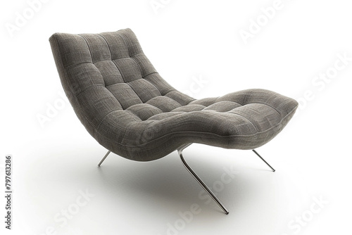 Contemporary gray fabric chaise longue chair with sleek metal legs isolated on solid white background. photo