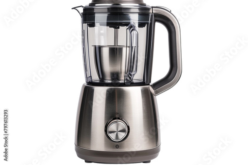 A blender with a stainless steel finish and intuitive touch controls for easy operation isolated on a solid white background.