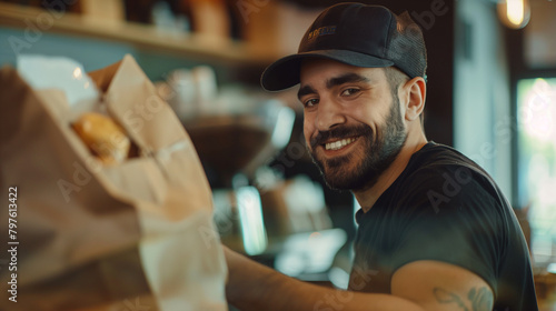 A close-up of a food delivery man's satisfied expression as he collects a bag of food orders from the cafe counter, the aroma of freshly brewed coffee and savory delights igniting