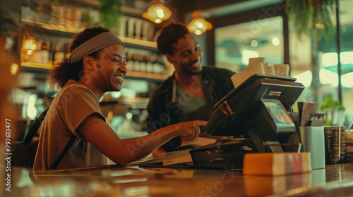 A close-up shot of a man inserting his card into the payment terminal at the cafe  as the waitress looks on with a bright smile  her expression reflecting the hospitality and excel