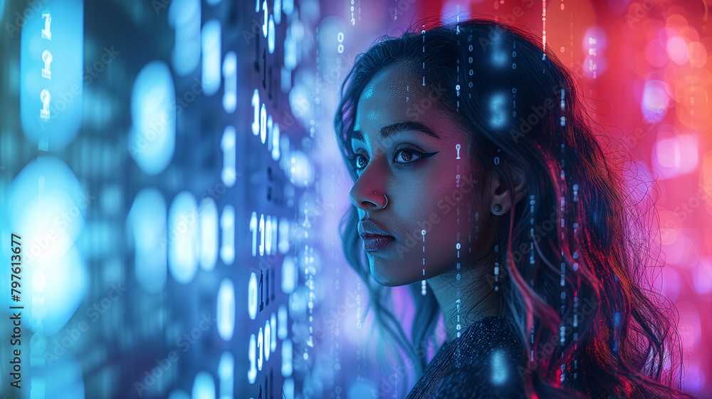 A portrait of an muslim female hacker in cyberspace amidst a data matrix, emphasizing the intersection of identity and digital spheres. A portrait of an muslim female hacker in cyberspace amidst a data matrix, emphasizing the intersection of identity and digital spheres.
