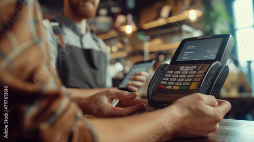 A close-up shot of a man confirming his payment on the digital display of the payment terminal at the cafe, while the waitress beside him smiles approvingly, her friendly demeanor photo