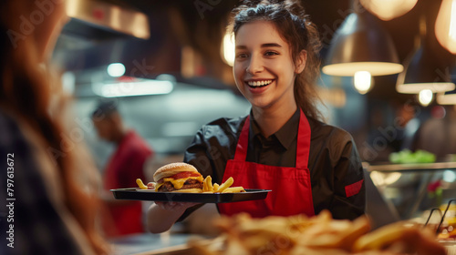 Close-up of a smiling fast food worker presenting a tray of appetizing dishes to a customer, their welcoming smile reflecting the dedication to providing quality service and culina photo