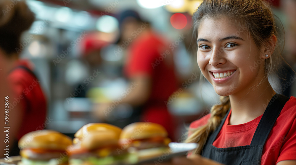 Close-up of a smiling fast food worker offering a tray of freshly prepared burgers to a delighted customer, their warm smile reflecting the satisfaction of providing delicious meal