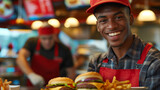 A close-up shot of a fast food worker's enthusiastic smile as they serve a tray of delectable treats to a grateful customer, their cheerful attitude elevating the atmosphere of the