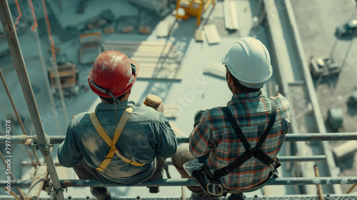 A close-up shot of two engineers in hard hats enjoying burgers while seated on a construction scaffold, the makeshift dining area offering a unique vantage point of the work site a