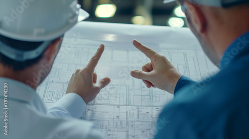 Close-up of two engineers in white helmets pointing to specific details on construction drawings, their animated conversation punctuated by gestures that highlight their shared vis photo