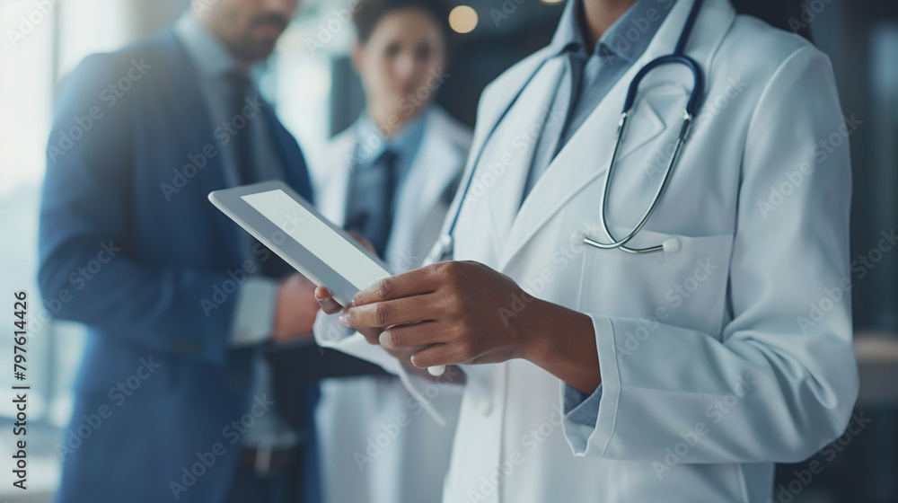 Close-up of a female doctor in a pristine white robe, explaining medical information on a tablet to a man in a sharp business suit, their focused expressions highlighting the impor Close-up of a female doctor in a pristine white robe, explaining medical information on a tablet to a man in a sharp business suit, their focused expressions highlighting the impor