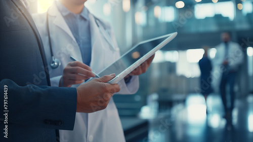 A close-up shot of a female doctor holding a tablet and discussing treatment options with a man in a tailored business suit, the bright hospital environment symbolizing trust and p