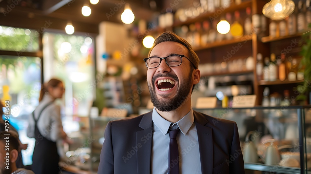 Fototapeta premium Joyful Businessman in Blurred Cafe Interior, Joyful, businessman, cafe interior, blurred