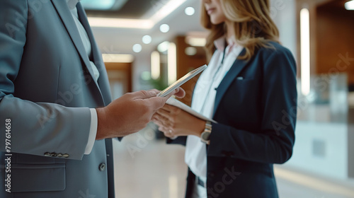 Close-up of a female doctor in a modern hospital reception area  discussing treatment protocols on a tablet with a man in a formal business suit  their interaction epitomizing the