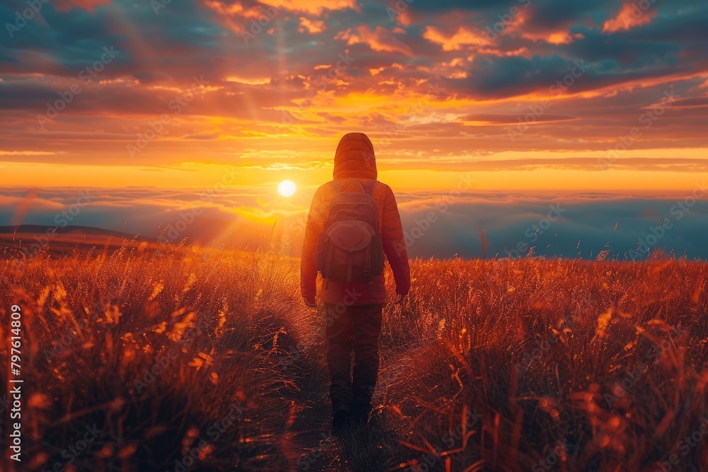 Fototapeta premium A vibrant image depicting an adventurer with a backpack walking through a field, the path leading towards a stunning sunset and a cloudy sky