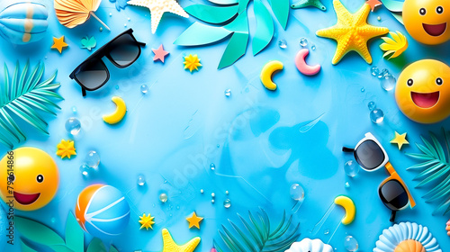 Background with happy emoticons and summer symbols with space for text Holidays, summer, vacation