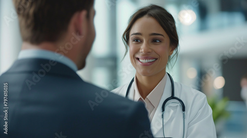 A close-up shot of a female doctor in a bright hospital lobby, her gentle smile indicative of genuine care and concern as she discusses health recommendations on a tablet with a ma photo