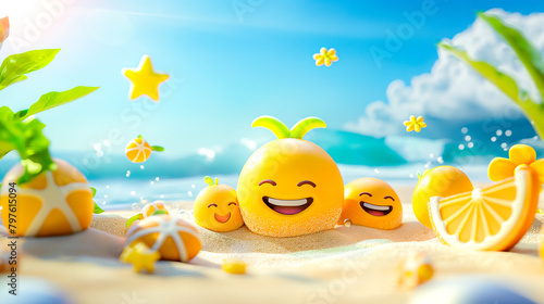 Background with happy emoticons and summer symbols with space for text  © Malgorzata