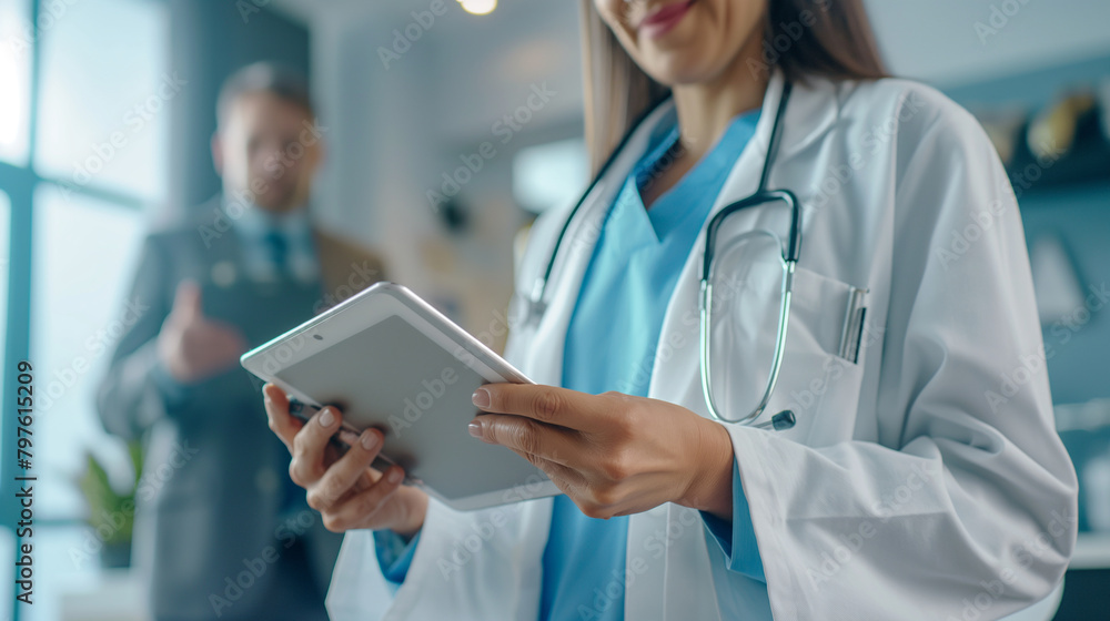 Close-up of a female doctor in a bright hospital room, her gentle smile indicative of compassion and care as she discusses healthcare strategies on a tablet with a man in a busines Close-up of a female doctor in a bright hospital room, her gentle smile indicative of compassion and care as she discusses healthcare strategies on a tablet with a man in a busines