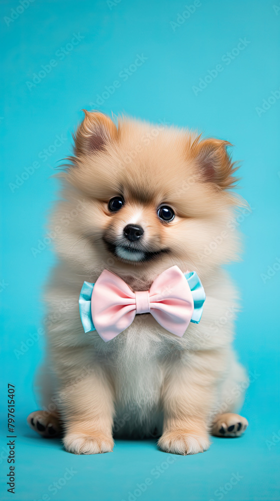 Obraz premium A cute little dog wearing a pink and blue bow tie