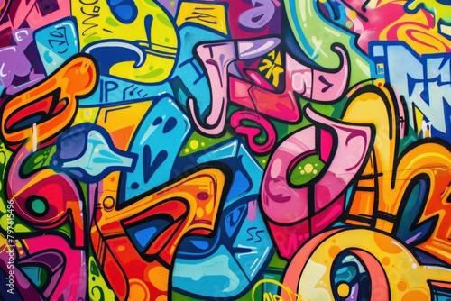 Colorful graffiti wall backdrop adorned with tags  murals  and street art 