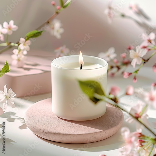 A lit candle with cherry blossoms.
