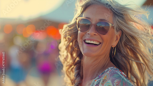 Beautiful happy mature lady outdoors with copy space in summer