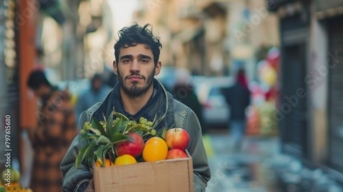 Young man carrying a box filled with fresh Fruits in the street