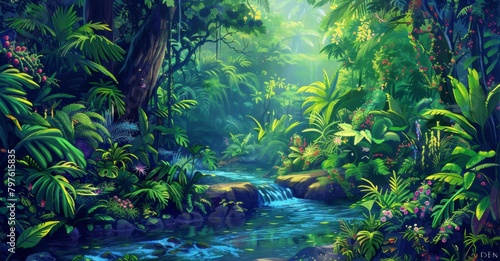 A lush rainforest with exotic animals and trees