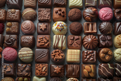 Top view of variety chocolate pralines