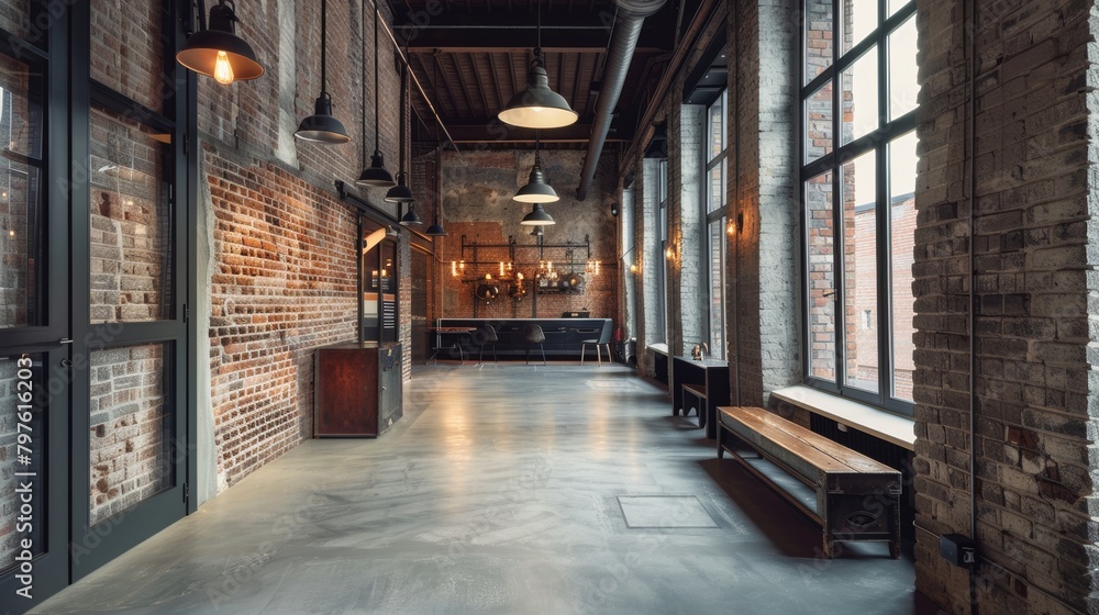 Industrial Chic Business Entrance Hall with Exposed Brick Walls