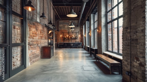 Industrial Chic Business Entrance Hall with Exposed Brick Walls
