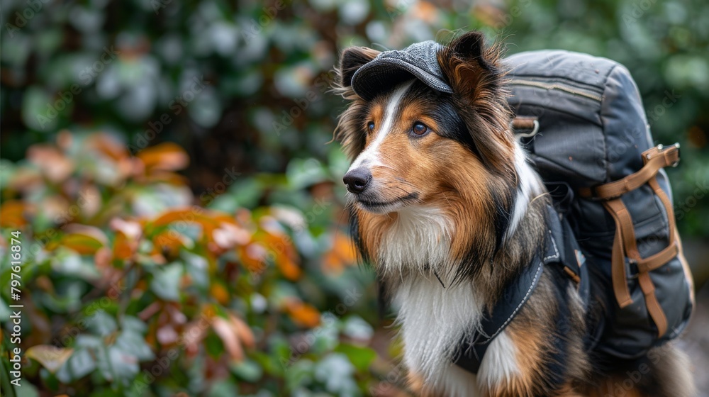 A dog wearing a hat and a backpack is standing in a forest A dog wearing a hat and a backpack is standing in a forest