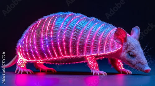 A brightly lit, neon pink and white animal with a black background photo