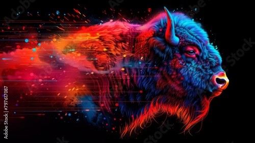 A colorful buffalo with a red nose and horns