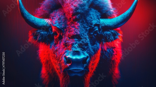 A bull with red and blue horns is staring at the camera