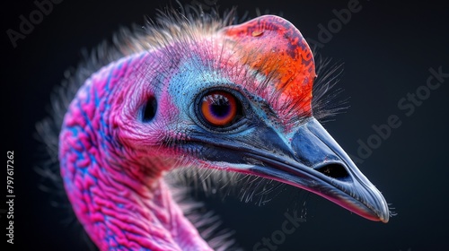 A colorful bird with a pink head and orange beak