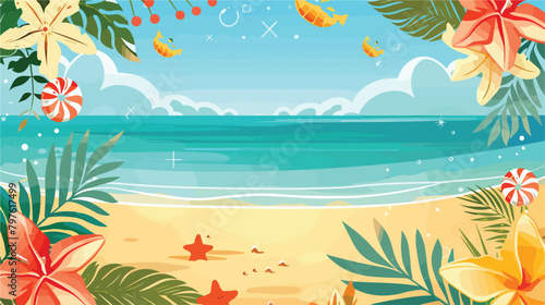 Summer sale banner with beach and sea floral frame. Vector