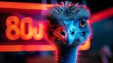 A blue ostrich with a red background and the number 80 in the background