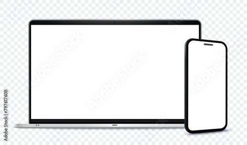 Laptop Computer and Mobile Phone Mockup. Digital devices screen template vector illustration with transparent background.