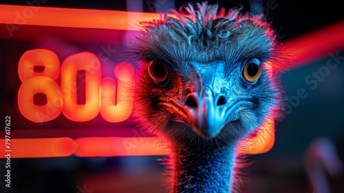 A blue ostrich with a red background and the number 80 in the background photo