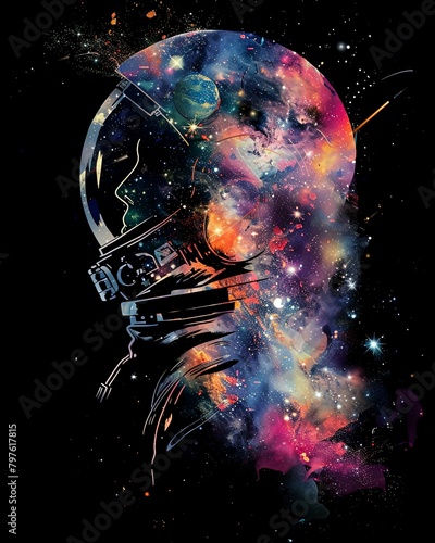 Astronaut portrait watercolor illustration double exposure galaxies and space © Pixel Palette