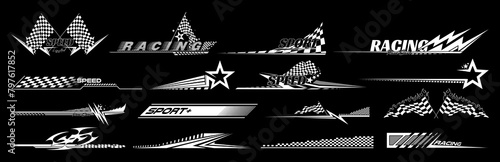 Sport car decal stripes. Car tuning finish flag stickers, speed racing stripes. White markings for transport. Isolated on black background	 photo