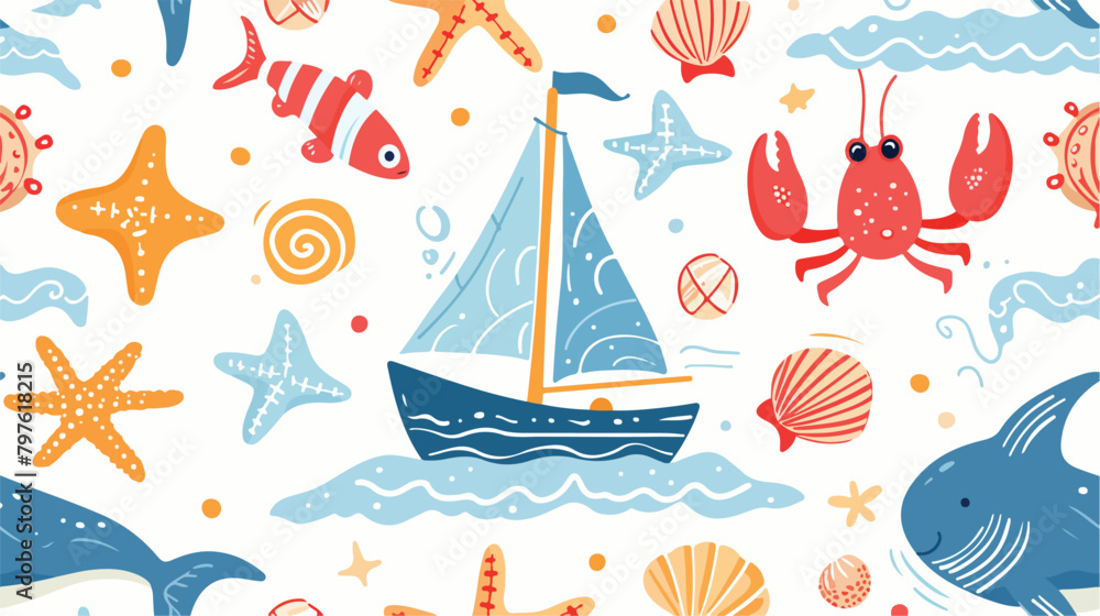 Summer sea pattern. Cute fish sail boat crab seashell