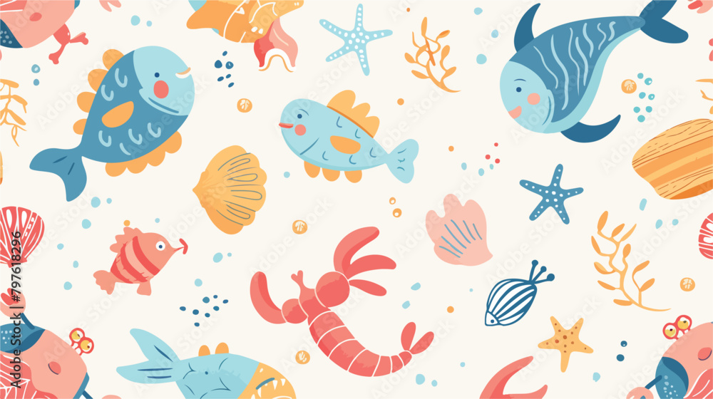 Summer sea pattern. Cute fish seagull crab seashells.