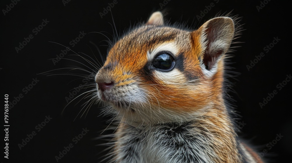 Obraz premium A small brown and white squirrel with a black background