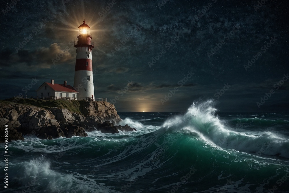 A lighthouse is lit up in the dark