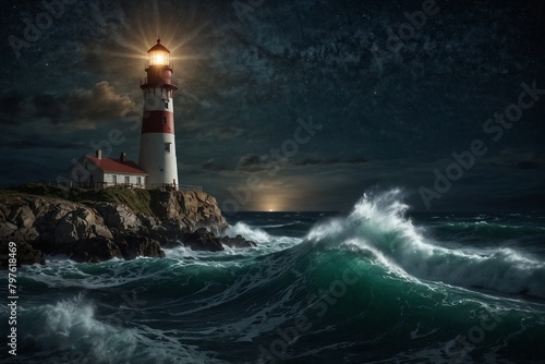 A lighthouse is lit up in the dark